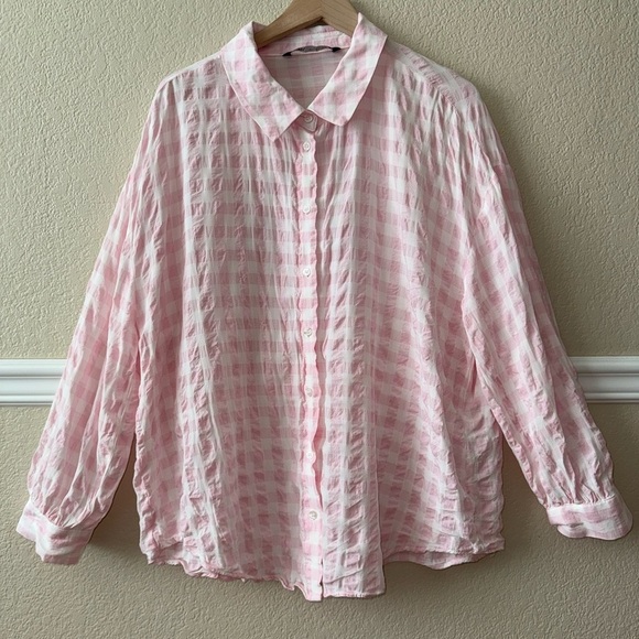 Zara Cotton Blend Gingham Pink White Checkered Button Down Blouse Size Large - Picture 1 of 12